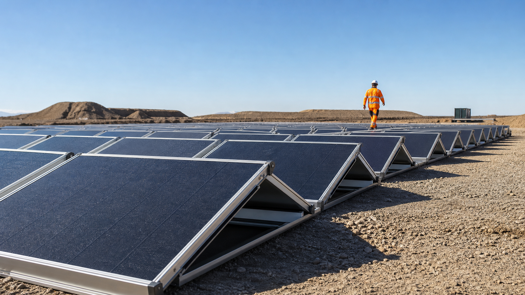 A 5B Maverick style solar worksite with a worker walking across modular panels